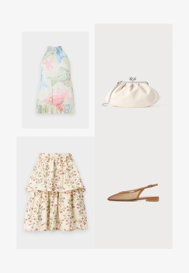Vestido beige sin mangas con estampados de peces rosas y verdes y estrellas de mar azules y rosas, con cuello alto y falda con volantes.; Falda de capas color crema con un patrón floral de fresas rojas y enredaderas verdes. Cintura elástica para mayor comodidad y ajuste.; Zapato plano marrón con tiras traseras, puntera puntiaguda, parte superior de malla, ribete patentado y pequeño tacón ancho, mostrado de perfil.; Bolso de mano de tela color crema con diseño fruncido, marco metálico plateado, dos bolas decorativas y correa de cadena plateada.