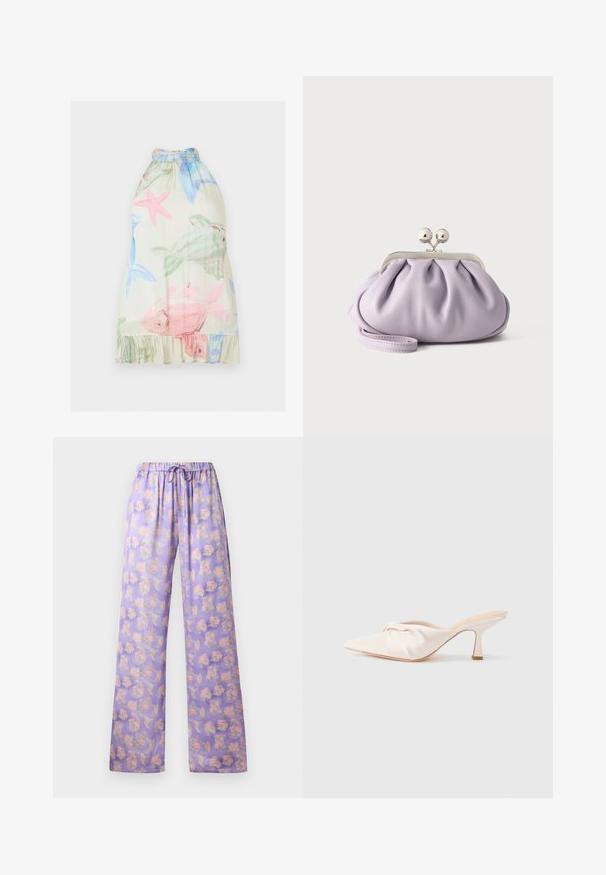Ærmeløs beige kjole med pink og grønne fisk samt blå og pink søstjerner, med høj hals og flæsekant.; Lyslilla blomstrede bukser med elastisk talje og snor. Har et blødt stof, vidde ben-design og et mønster af pink og grønne blomster.; Mulesko i lyst beige stof med et knyttet design foran, spids tå og en slank, tilspidset hæl. Glat tekstur over det hele.; Blød lavendel clutch med opsamlet stof, sølv kiss-lock lås og matchende håndledsrem på en ensfarvet lys baggrund.