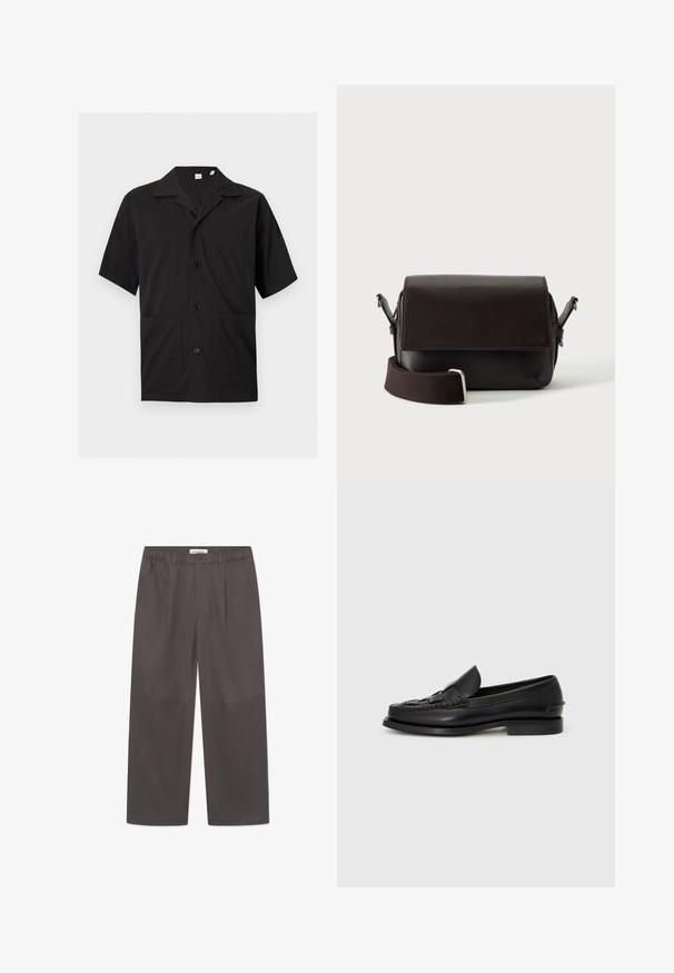 Chemise noire à manches courtes avec boutons, col camp et trois poches devant, présentée sur un fond clair uni.; Pantalons gris à jambes larges en tissu lisse, dotés d'une fermeture à bouton et de deux poches latérales. Design simple et épuré sans motifs visibles.; Mocassin en cuir noir avec un détail tissé à l'avant, bout arrondi et petit talon. Texture lisse et design minimaliste.; Sac bandoulière en cuir marron foncé avec fermeture à rabat et sangle en tissu réglable sur fond blanc.
