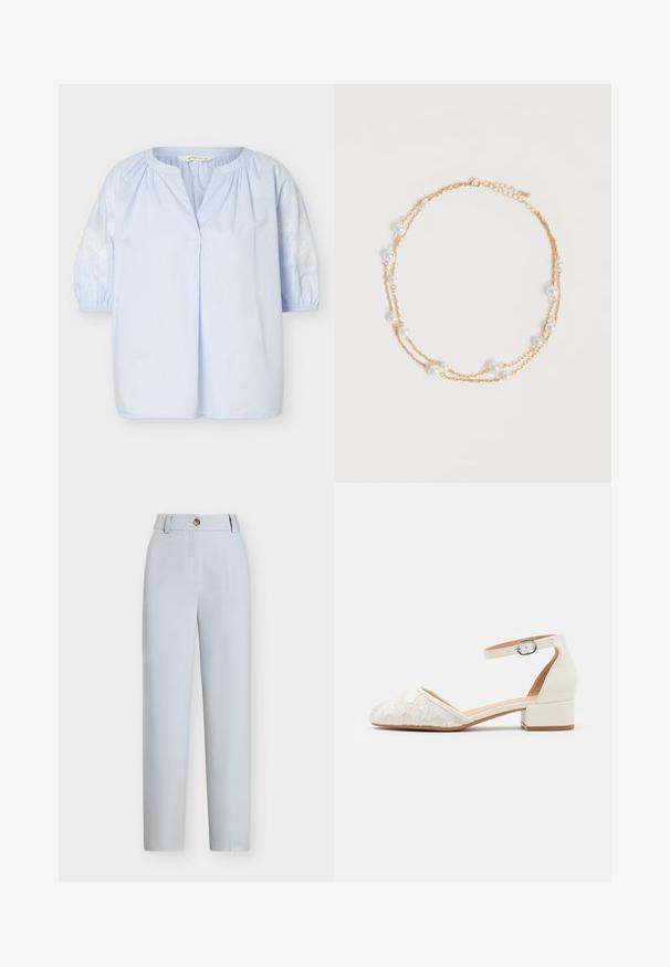 Blouse bleu clair avec manches trois-quarts bouffantes, broderie florale blanche sur les manches, encolure ronde avec une petite fente à l’avant.; Pantalon bleu clair sur mesure avec jambe droite, fermeture à boutons à l'avant et passants de ceinture à la taille.; Chaussure blanche à bride de cheville en dentelle avec un petit talon carré et un design à bout pointu. Doublure intérieure lisse, dessus en dentelle texturé et détail de boucle.; Collier délicat à double chaîne en or avec de petites perles blanches espacées régulièrement sur un fond clair uni.