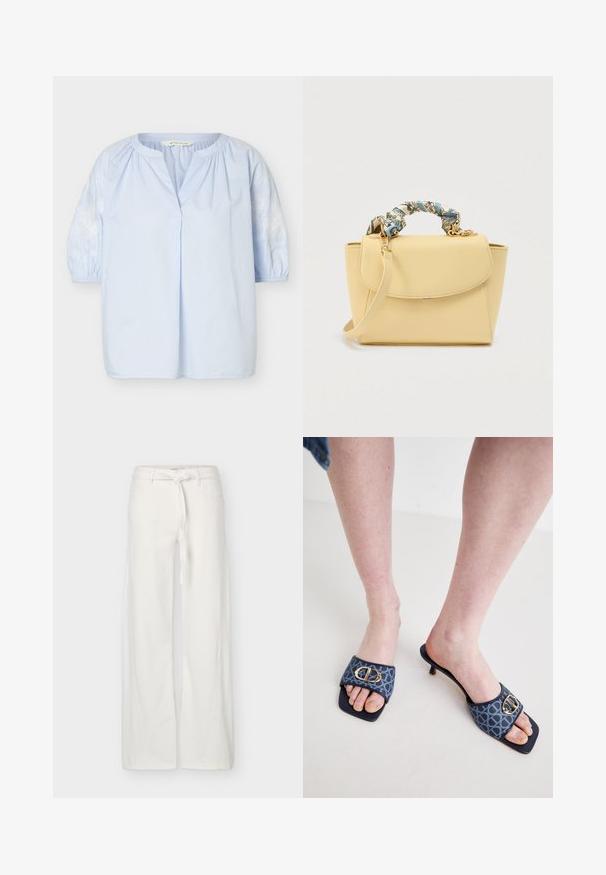 Blusa azul claro con mangas abullonadas tres cuartos, bordado floral blanco en las mangas, escote redondo con una pequeña abertura frontal.; Pantalones blancos de pierna ancha con bolsillos delanteros y cinturón de tela anudado en la cintura, exhibidos sobre un fondo liso.; Mules con una parte superior de tela con un patrón azul que presenta un detalle de hebilla dorada, punta cuadrada y un pequeño tacón de kitten.; Pequeño bolso beige con asa superior envuelta en tela con patrones azules y crema, cierre de solapa y correa de hombro desmontable sobre fondo blanco.
