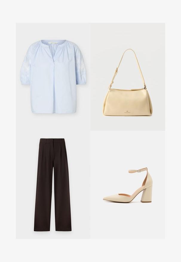 Blouse bleu clair avec manches trois-quarts bouffantes, broderie florale blanche sur les manches, encolure ronde avec une petite fente à l’avant.; Pantalon marron foncé à jambes larges avec plis et passants pour ceinture, doté d'une fermeture éclair avant et d'un ourlet net sur un fond uni.; Pompe à talon haute en cuir verni beige avec un bout pointu, une sangle à la cheville et un talon épais. Texture lisse avec des détails de couture minimaux.; Sac bandoulière rectangulaire beige avec sangle réglable et fermeture éclair, comportant un petit logo "Anna Field" au centre avant.