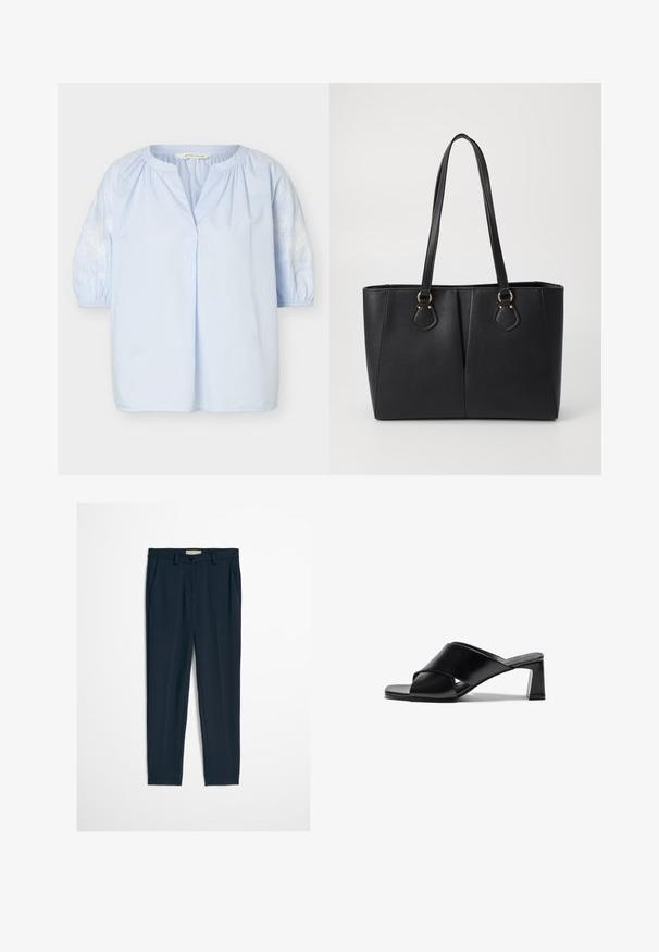 Blouse bleu clair avec manches trois-quarts bouffantes, broderie florale blanche sur les manches, encolure ronde avec une petite fente à l’avant.; Pantalon formel slim bleu marine avec passants de ceinture, bouton à l'avant et fermeture éclair cachée, présenté sur un fond blanc uni.; Sandales à talons en cuir noir avec un design à lanières croisées, un bout carré et un talon bloc. Texture lisse avec peu de détails.; Sac fourre-tout noir en simili cuir avec une finition texturée, deux longues poignées et des accents en métal doré sur le côté. Shape rectangulaire.