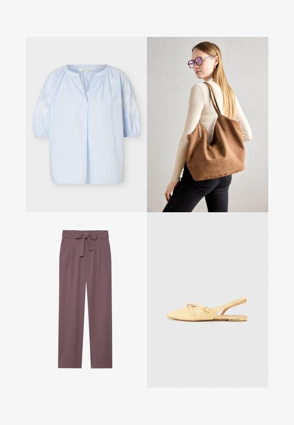 Blouse bleu clair avec manches trois-quarts bouffantes, broderie florale blanche sur les manches, encolure ronde avec une petite fente à l’avant.; Pantalons larges de couleur prune avec une taille ceinturée, un devant plissé et une texture lisse. Comprend des poches latérales et un design ajusté.; Ballerines jaunes en cuir avec un talon slingback et un bout pointu, présentant deux bretelles croisées et un petit accent métallique sur le talon.; Sac fourre-tout en daim marron avec une texture douce, grande ouverture et longues sangles. Présente un design simple avec des coutures visibles et sans matériel.