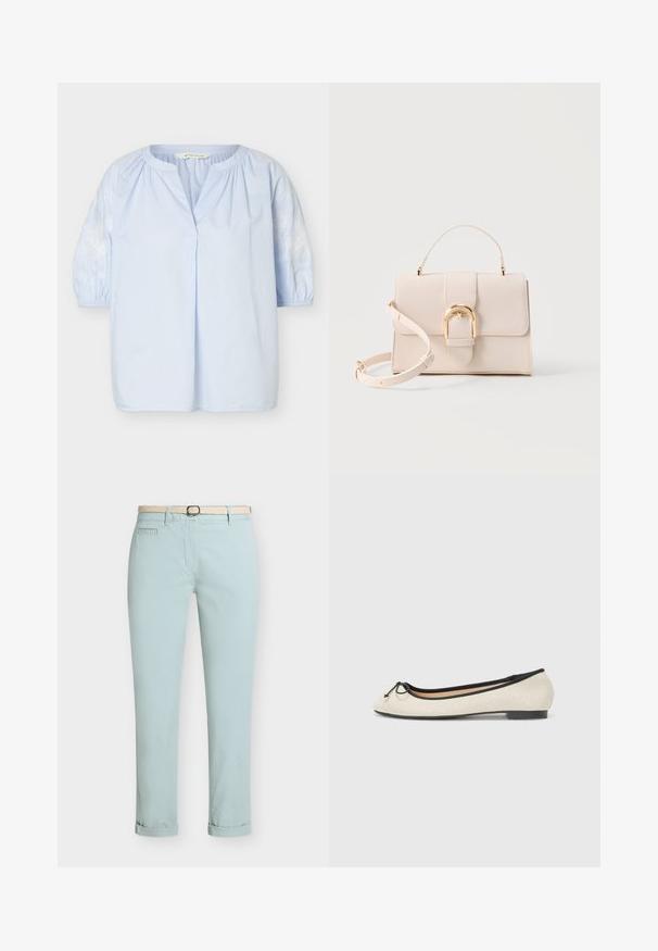 Blouse bleu clair avec manches trois-quarts bouffantes, broderie florale blanche sur les manches, encolure ronde avec une petite fente à l’avant.; Pantalon bleu clair ajusté avec revers et ceinture tissée écrue sur un fond uni.; Ballerine en textile beige avec une bordure noire. Affiche un bout arrondi et un petit nœud en accent sur le devant. Semelle basse.; Sac à main beige structuré avec poignée supérieure, bandoulière détachable et boucle arquée couleur or sur un fond clair.