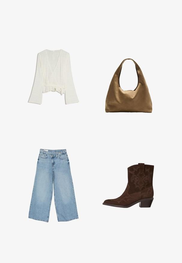 Kremfarvet ribstrikket omslagsbluse med lange klokkeærmer og sidelukning med bindebånd.; Lyseblå cowboybukser med vide ben, høj talje, dobbelt knaplukning, forlommer og bæltestropper.; Brune ruskinds cowboystøvle med spids tå, dekorative syninger, ankelhøjde og en stablet hæl. Har en pull tab for nem påtagning.; Brun stof skuldertaske med en bred, rundet krop og et stort udsnit håndtag. Blød tekstur, minimalistisk design og ingen synlig hardware.
