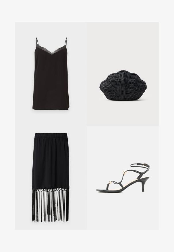 Camiseta sin mangas negra con tirantes finos ajustables y escote en V, con un borde de satén en el escote. Tela suave con un corte holgado.; Falda negra con cintura elástica y dobladillo con flecos. Los flecos están hechos de hilos finos, aportando textura y detalle al diseño.; Sandalia negra con tiras, tacón medio, cuentas doradas de acento y una correa en el tobillo con hebilla sobre fondo blanco.; Bolso de mimbre negro con forma de concha de vieira con parte superior curva y textura tejida sobre un fondo liso.