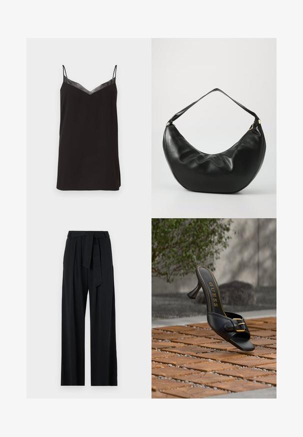 Camisole noire avec des bretelles fines et réglables et un décolleté en V, arborant une bordure en satin au niveau du col. Tissu lisse avec une coupe décontractée.; Pantalon noir à jambes larges avec une taille ceinturée, présentant une texture lisse et des détails minimalistes, adapté à diverses occasions.; Mule noire à talon haut avec boucle dorée et logo "GUESS" à l'intérieur, posée sur un sol carrelé extérieur texturé avec un arrière-plan flou de verdure.; Sac à épaule en cuir noir, de forme courbée, avec une texture douce et une seule sangle; il comporte une fermeture éclair dorée et un logo discret.