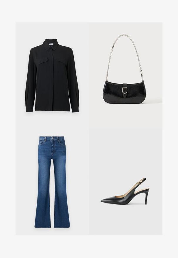 Blouse noire à boutons, réalisée en tissu léger, avec un col pointu, des manches longues et deux poches poitrine avec rabats.; Jean en denim bleu taille haute avec fermeture à boutons, poches avant, et jambes larges légèrement évasées sur fond blanc.; Escarpins en cuir noir avec une pointe fine, une bride ajustable et un talon aiguille élégant, présentant une finition lisse.; Sac à épaule en cuir verni noir avec détail de boucle argentée et bandoulière en chaîne argentée, présenté sur un fond uni clair.