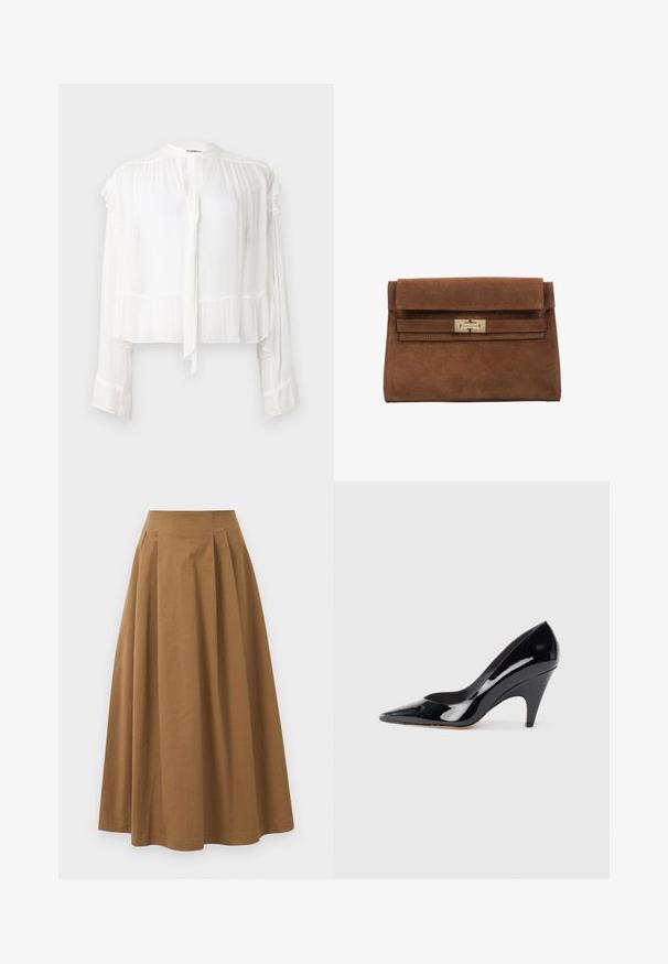 Witte blouse met lange mouwen in een lichte stof. Heeft een gerimpelde halslijn en manchetten, met een strikdetail aan de voorkant. Verkorte pasvorm.; Bruine katoen A-lijn rok met een hoge taille, voorzien van plooien aan de voorkant en een gladde textuur. De zoomafwerking is schoon en eenvoudig.; Zwarte gepatineerde leren hoge hak schoen met een smal puntige neus en een gebogen hak, met een gladde, reflecterende oppervlakte.; Bruine suède clutch met een overslagklep en hardware in goudkleur. Voorzien van een horizontale riemaccent en een subtiele textuur.