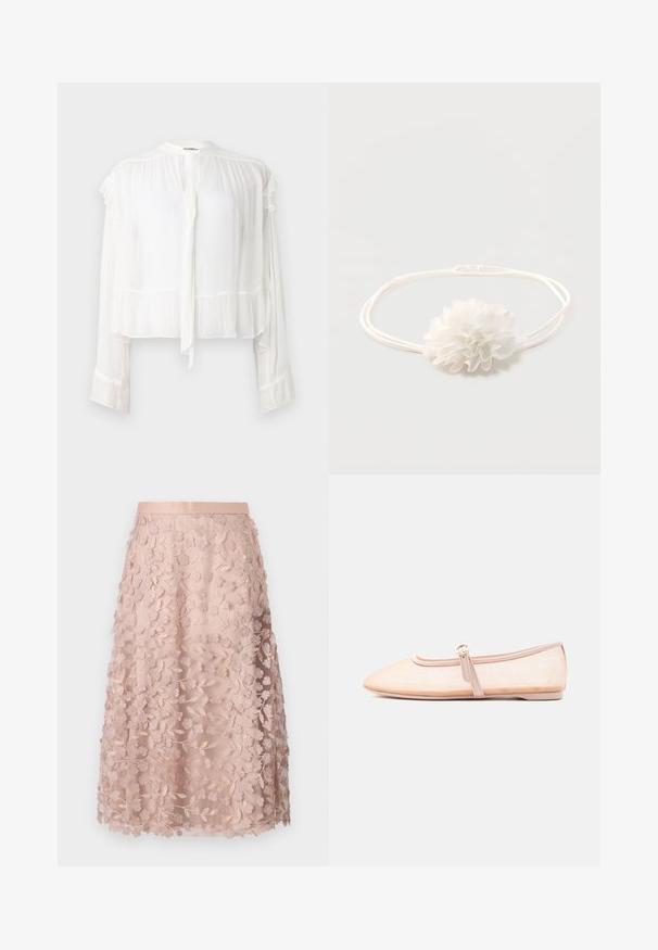 Hvid, langærmet bluse i letvægtigt stof. Har en volang-krave og manchetter, med et bindebånd foran. Kroppet design.; Blonder midi-nederdel i blød pink med blomstermotiver, der har en tætsiddende linning og lagdelt design, hvilket fremhæver en delikat struktur.; Lys beige flad sko med spidst tåparti og en enkelt rem med spænde på siden, vist på en ensfarvet hvid baggrund.; Hvid elastisk pandebånd med en blød stofblomst dekoration centreret på en ensfarvet lys baggrund.