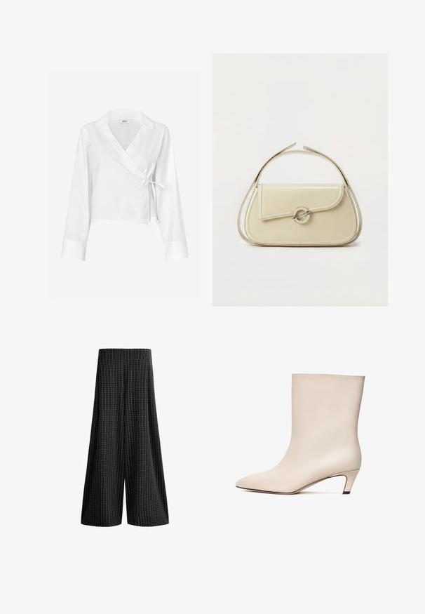 Envii AKRON SHIRT - Blouse - white; Zwarte broek met wijde pijpen, wit ruitpatroon en hoge taille, afgebeeld tegen een witte achtergrond.; Beige leren enkelboot met een pointed toe en een conische hak. Gladde textuur met minimale stiknaden en een slanke silhouet.; Crème leren handtas met gebogen klep, ronde zilveren sluiting en korte bovenste handgreep op een effen witte achtergrond.