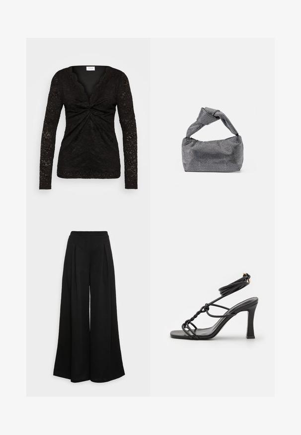 VILA VIWELLY - Camiseta de manga larga - black; Pantalones negros de pierna ancha hechos de una tela suave, con pliegues frontales y una cintura alta, que garantizan una silueta fluida.; DeeZee Sandalias de tacón - black; Bolso de mano negro y plateado con una superficie texturizada que presenta un patrón de diamante, un asa anudada y una forma estructurada.