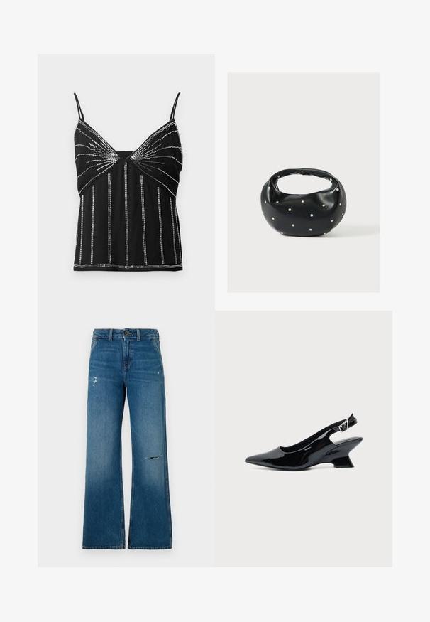 Zwarte mouwloze top met dunne bandjes, versierd met verticale en zonnestralenpatronen van reflecterende zilveren kralen.; Blauwe denim wijde jeans met een vervaagde textuur, voorzien van twee versleten gedeelten aan de voorkant, een knoopsluiting en een vijf-pocket ontwerp.; Zwarte lakleren slingback schoen met spitse neus en lage schuine blokhak op een effen lichte achtergrond.; Zwarte leren handtas met een afgeronde vorm, versierd met zilveren studs, en een korte handgreep. Gladde textuur en ritsluiting.
