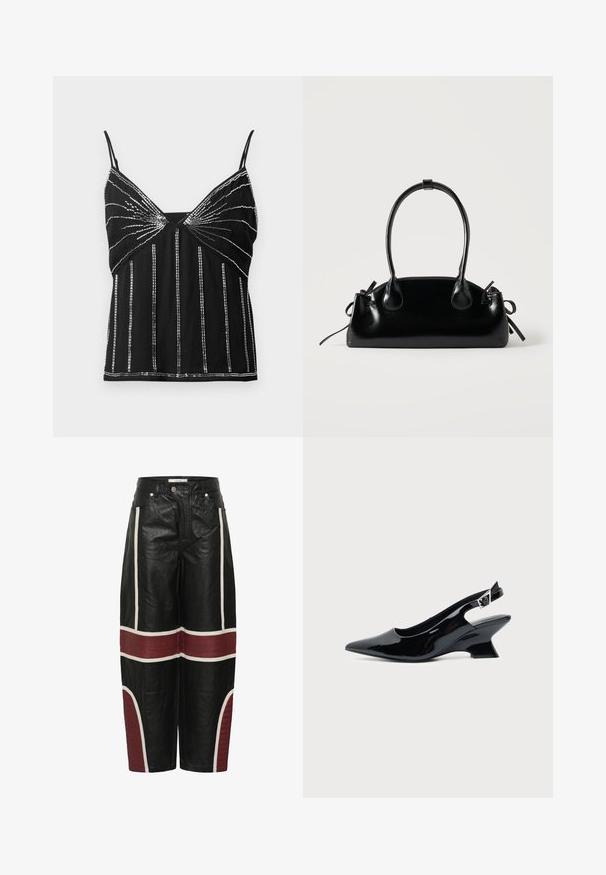 Top sin mangas negro con tirantes delgados, decorado con patrones verticales y de rayos de sol de cuentas plateadas reflectantes.; Pantalones de cuero de pierna ancha negros con rayas verticales blancas y paneles acolchados marrón oscuro horizontales por encima de las rodillas y en las piernas inferiores.; Zapato slingback de cuero charol negro con puntera puntiaguda y tacón bajo en bloque inclinado sobre fondo claro liso.; Pequeño bolso negro brillante con dos asas largas y detalles de cordón lateral sobre un fondo claro liso.