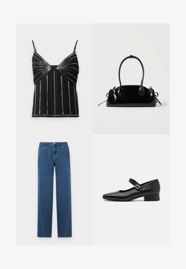 Top sin mangas negro con tirantes delgados, decorado con patrones verticales y de rayos de sol de cuentas plateadas reflectantes.; Jeans de denim azul con un diseño de pierna recta, que cuentan con cinco bolsillos, un cierre de botón en la parte delantera y detalles de costura a lo largo de las costuras.; Zapatos Mary Jane de cuero negro con puntera de charol, correa de tobillo ajustable y tacón bajo. Textura suave y diseño elegante.; Pequeño bolso negro brillante con dos asas largas y detalles de cordón lateral sobre un fondo claro liso.