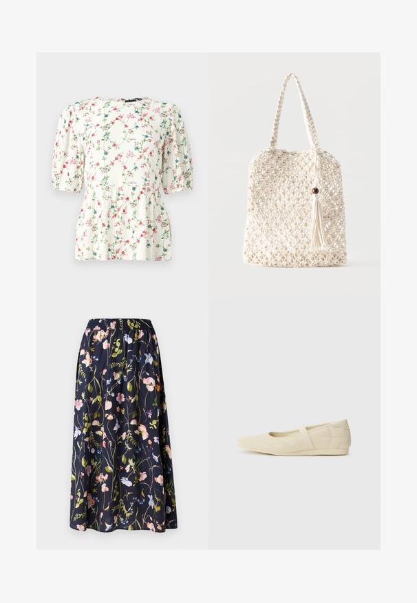 Blusa blanca con estampado floral colorido, con mangas cortas abullonadas y un corte holgado. Hecha de una tela ligera y texturizada.; Falda floral en azul marino con una cinturilla elástica, que presenta un estampado de flores rosas, azules y verdes sobre un tejido texturizado.; Bailarinas beige con un exterior de cuero liso, punta en forma de almendra y una correa elástica en el empeine, con detalles de costura sutiles.; Bolsa tote de algodón blanco tejido con asas trenzadas y un adorno colgante de flecos con detalle de cuenta de madera.