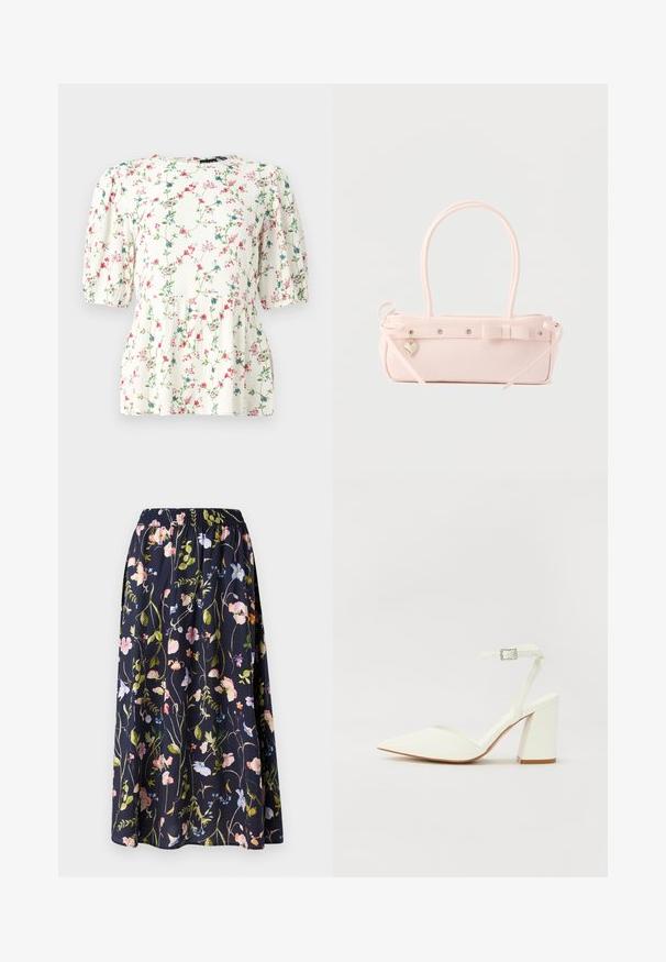 Λευκό μπλουζάκι με πολύχρωμο λουλουδάτο μοτίβο, κοντά φουσκωτά μανίκια και χαλαρή γραμμή. Κατασκευασμένο από ελαφρύ υλικό με υφή.; Ναυτικό φλοράλ φούστα με ελαστική μέση, που διαθέτει εκτύπωση ροζ, μπλε και πράσινων λουλουδιών σε υφασμάτινη υφή.; Λευκή γόβα με ψηλό τακούνι και μυτερή μύτη, ρυθμιζόμενη λουρί στον αστράγαλο και χοντρό τετράγωνο τακούνι. Λείος υφής με ελάχιστες ραφές.; Ανοιχτό ροζ ορθογώνια τσάντα χειρός με διπλές λαβές, διακοσμητικό φιόγκο, μεταλλικές οπές και μικρό γοησάκι σε σχήμα καρδιάς σε μονόχρωμο φόντο.