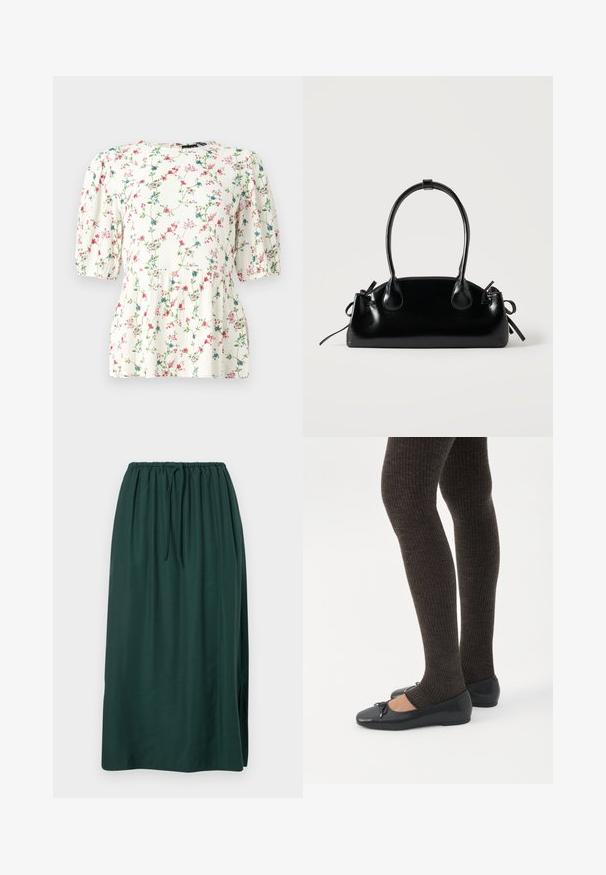 Blusa blanca con estampado floral colorido, con mangas cortas abullonadas y un corte holgado. Hecha de una tela ligera y texturizada.; Larga falda verde oscuro hecha de tela suave, con cinturilla elástica y cordón, y una abertura lateral para mayor libertad de movimiento.; Piernas con leggings oscuros acanalados combinados con bailarinas negras que presentan pequeños detalles de lazo sobre un fondo blanco.; Pequeño bolso negro brillante con dos asas largas y detalles de cordón lateral sobre un fondo claro liso.