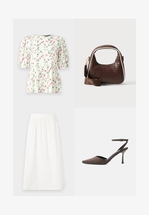 Blouse blanche avec un imprimé floral coloré, manches bouffantes courtes et coupe décontractée. Fabriquée en tissu léger et texturé.; Jupe blanche, longueur genou, faite en coton avec une taille élastique. Présente une texture lisse et un design ample et fluide.; Chaussure à talon haut en daim marron à bout pointu, avec une fine bride de cheville et une boucle argentée sur fond blanc.; Sac à main en cuir tressé marron avec passepoil blanc, fermeture éclair dorée et bandoulière amovible en tissu marron.