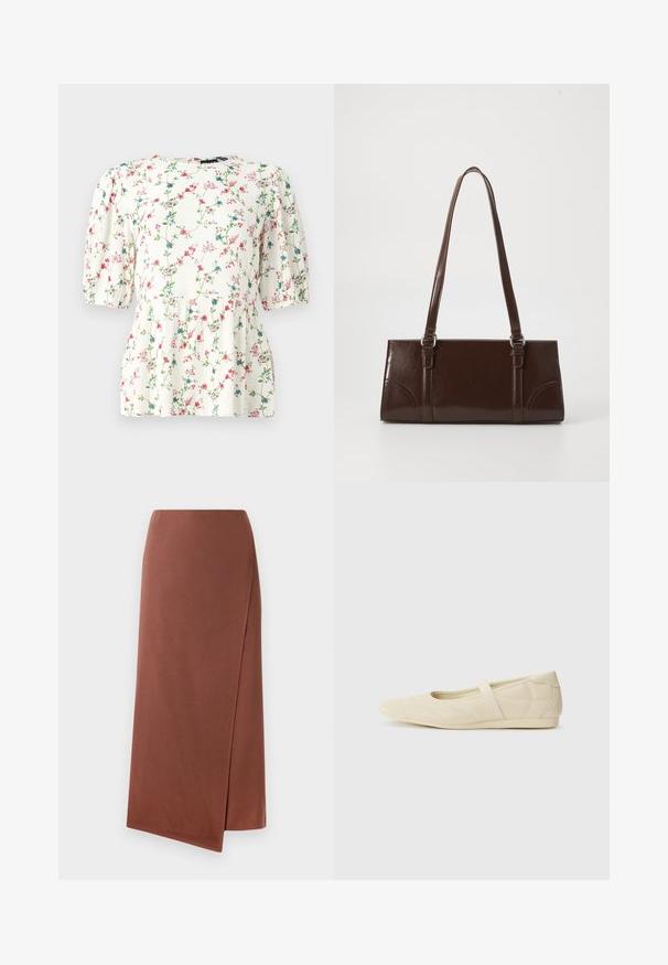 Blouse blanche avec un imprimé floral coloré, manches bouffantes courtes et coupe décontractée. Fabriquée en tissu léger et texturé.; Jupe longue marron en tissu lisse avec une silhouette droite. Présente une fente sur le côté pour faciliter les mouvements. Design uni sans motifs.; Ballerines beiges avec une exterior en cuir lisse, un bout en forme d'amande et une sangle élastique sur le coup de pied, avec des détails de couture subtils.; Sac à main en cuir verni marron de forme rectangulaire, avec deux longues poignées et des accents courbés subtils à l'avant.