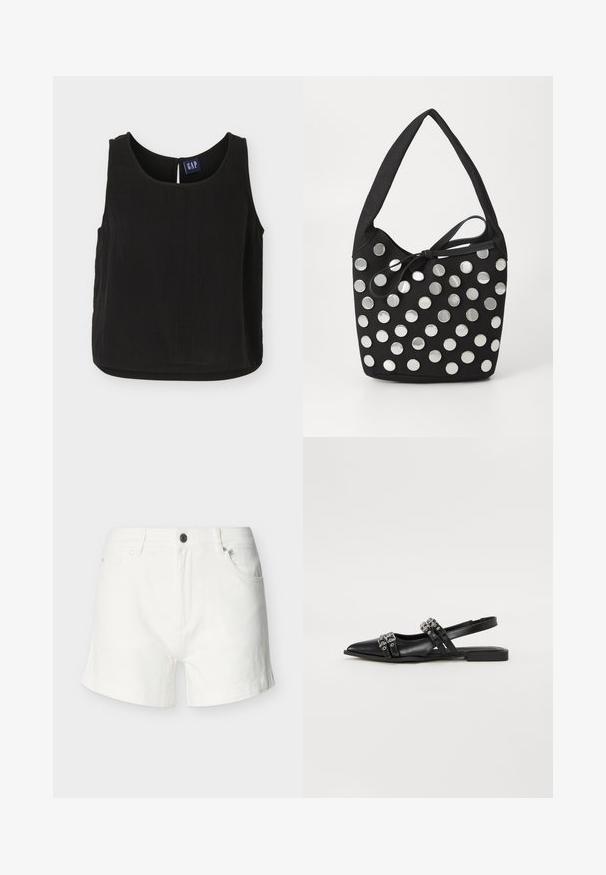 Zwart mouwloos cropped top met ronde hals en kleine sleutelgatopening aan de achterkant, met een blauw GAP-merklabel.; Witte denim shorts met knoop- en ritssluiting aan de voorkant, taillebandlussen en een ontwerp met vijf zakken tegen een effen achtergrond.; Even&Odd by Zalando Slingback ballerina´s - black; Zwarte stoffen handtas met een ronde vorm, voorzien van zilveren ronde metalen studs die in een patroon zijn gerangschikt, en een strik van stof.
