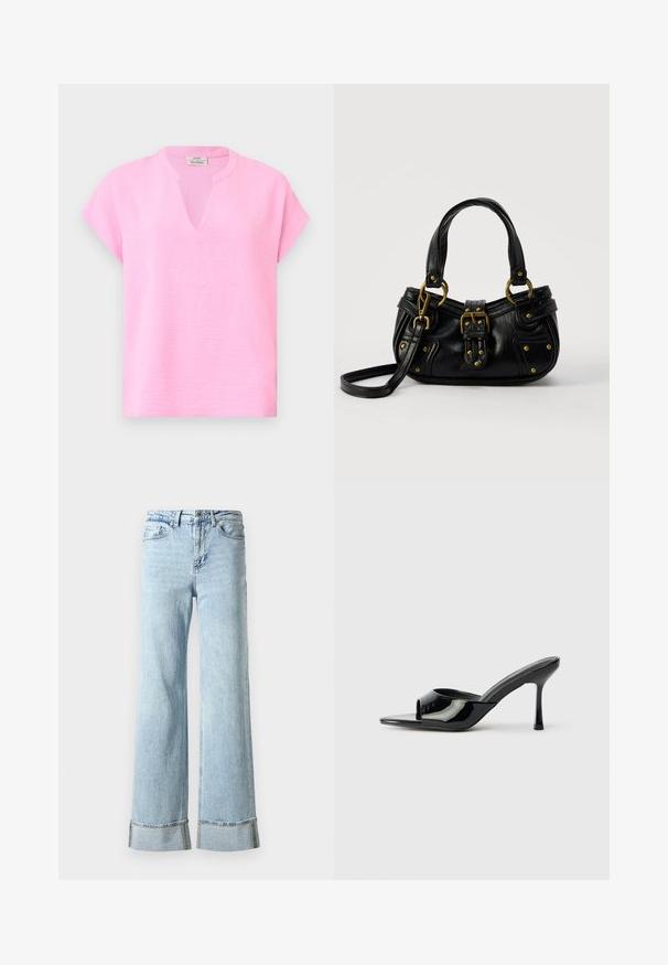 Blusa de manga corta color rosa claro con tela texturizada, una pequeña abertura en forma de V en el cuello y cuello redondo sobre un fondo blanco liso.; Jeans de mezclilla de color azul claro con piernas anchas, dobladillos deshilachados y detalles decorativos de strass en los puños. Diseño estándar de cinco bolsillos.; Mules de charol negro con punta abierta, una tira estrecha y tacón stilettos. Textura suave y diseño minimalista con suela plana.; Bolso de cuero negro con hebilla y detalles de remaches dorados, asas cortas y una correa de hombro ajustable sobre un fondo blanco liso.