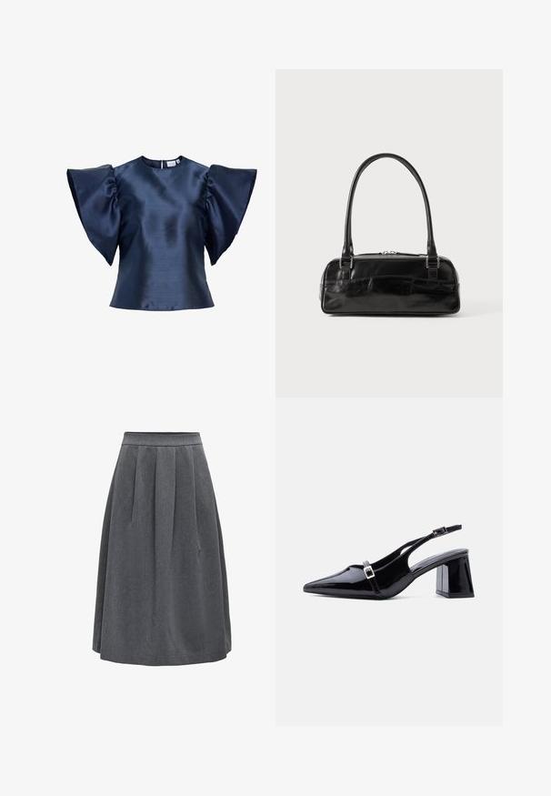 Blouse en satin bleu marine avec de larges manches papillon froncées et un col rond, avec une petite fermeture à bouton dans le dos.; Jupe plissée gris foncé de longueur moyenne avec une taille ajustée, conçue pour un usage décontracté ou professionnel.; Escarpin à bride arrière en cuir verni noir, bout pointu, petit talon bloc bas, avec deux petites boucles argentées sur les brides.; Sac à main en cuir noir de forme rectangulaire, doté d'une seule ansse structurée, de quincaillerie argentée et d'une fermeture éclair. Texture lisse.