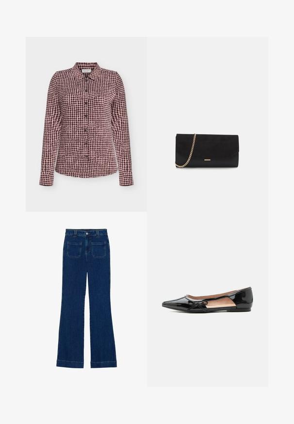 Overhemd met lange mouwen en knopen, met een patroon van onregelmatige roze en donkerbruine polkadots en een puntige kraag op een witte achtergrond.; Donkerblauwe denim flared jeans met een gladde textuur, vijf zakken en een knoopsluiting aan de taille.; Zwarte lakleren puntige platte schoen met zijuitsnijding en kleine decoratieve strik aan de buitenrand.; Zwarte clutch tas gemaakt van suede met een textuurafwerking, voorzien van een gouden schouderband en een strakke, hoekige vorm.