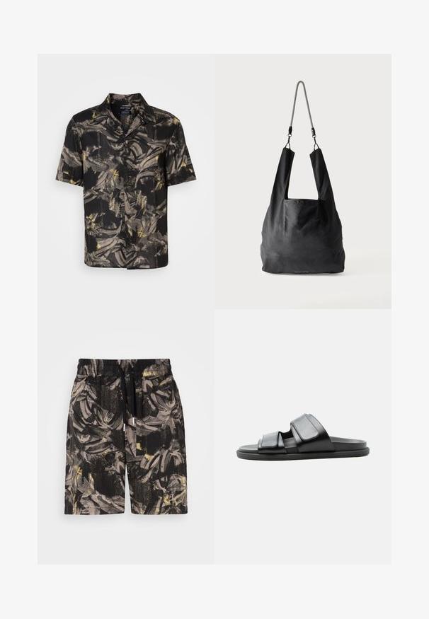 Zwart shirt met korte mouwen met een abstract grijs en geel patroon, gemaakt van lichte stof met een knoopsluiting en knopen aan de voorkant.; Zwarte shorts met een gedurfde, abstracte bladerenpatroon in grijs en gele tinten. Voorzien van een elastische tailleband en trekkoord voor een verstelbare pasvorm.; Zwarte slippersandaal met twee brede verstelbare banden en een platte zool, zijaanzicht op een lichte achtergrond.; Zwart zachte stoffen draagtas met brede handvatten en een dunne zwart-witte gevlochten schouderriem.