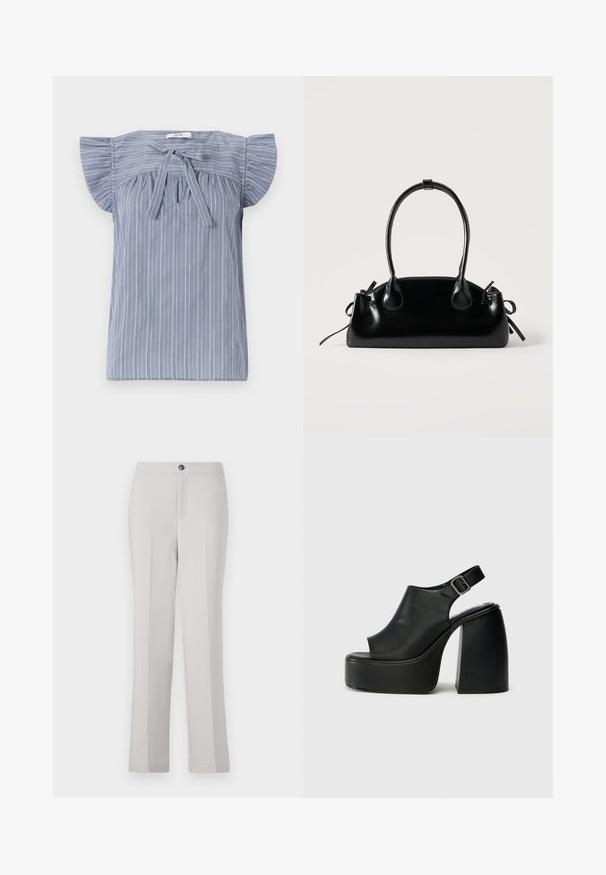 Lichtblauw gestreepte blouse met kapmouwen, voorzien van een strik bij de halslijn, gemaakt van een textuurstof en met een relaxte pasvorm.; Lichtgrijze rechte broek gemaakt van gladde stof, met een knoopsluiting aan de voorkant, zijzakken en een getailleerde pasvorm.; Zwarte open teen platform sandalen met een gebogen ontwerp, slingback bandje en een chunky blokhak. Glad leersoep, minimalistische stijl.; Kleine zwarte glanzende handtas met twee lange hengsels en zijkant trekkoord details op een effen lichte achtergrond.