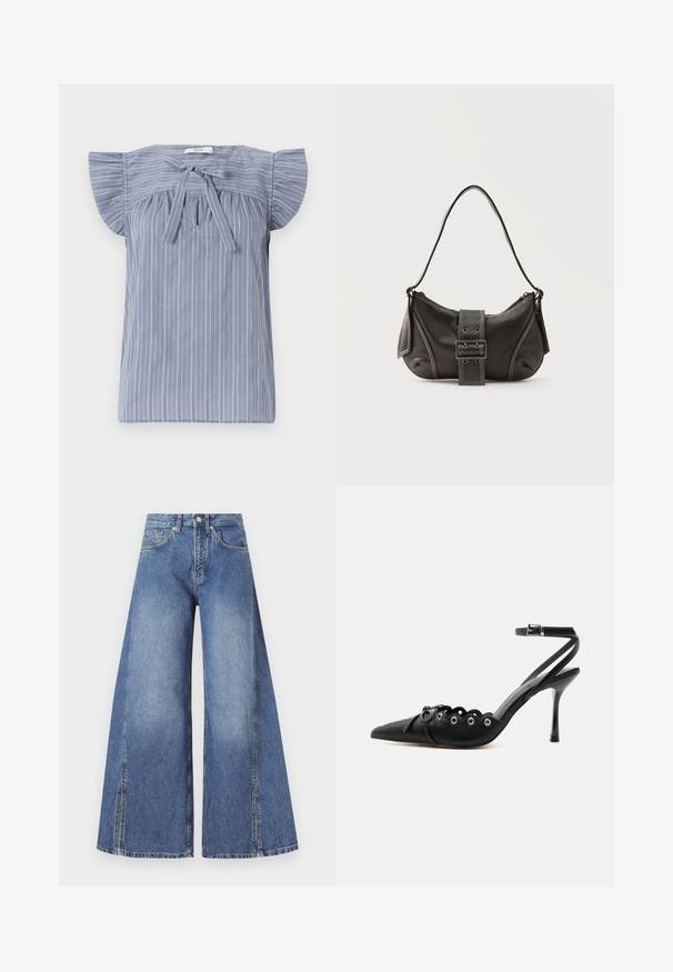 Lichtblauw gestreepte blouse met kapmouwen, voorzien van een strik bij de halslijn, gemaakt van een textuurstof en met een relaxte pasvorm.; Lichte blauwe denim jeans met brede pijpen. Gemaakt van gestructureerd katoen, met een hoge taille, zijzakken en opvallende zijnaad.; Zwarte pumps met hoge hak en spitse neus, gegolfde randen, metalen oogjes, vetergespsluiting aan de voorzijde en enkelriem met gespsluiting.; Zwarte leren schoudertas met gespsluiting aan de riem, afgeronde hoeken en contrasterende witte stiksels op een effen achtergrond.