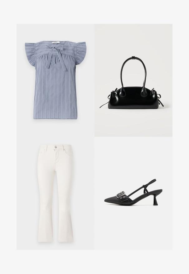 Lyseblå stribet bluse med cap ærmer, designet med en bindebånd ved halsudskæringen, fremstillet af et tekstureret stof og med en afslappet pasform.; Hvide flaired jeans lavet af denim med en tætsiddende talje, fem lommer og en lynlåslukning foran. Glat tekstur og et rent design.; Simmi London DALA - Pumps - black; Lille sort blank håndtaske med to lange håndtag og snøre-detaljer i siden på en ensfarvet lys baggrund.