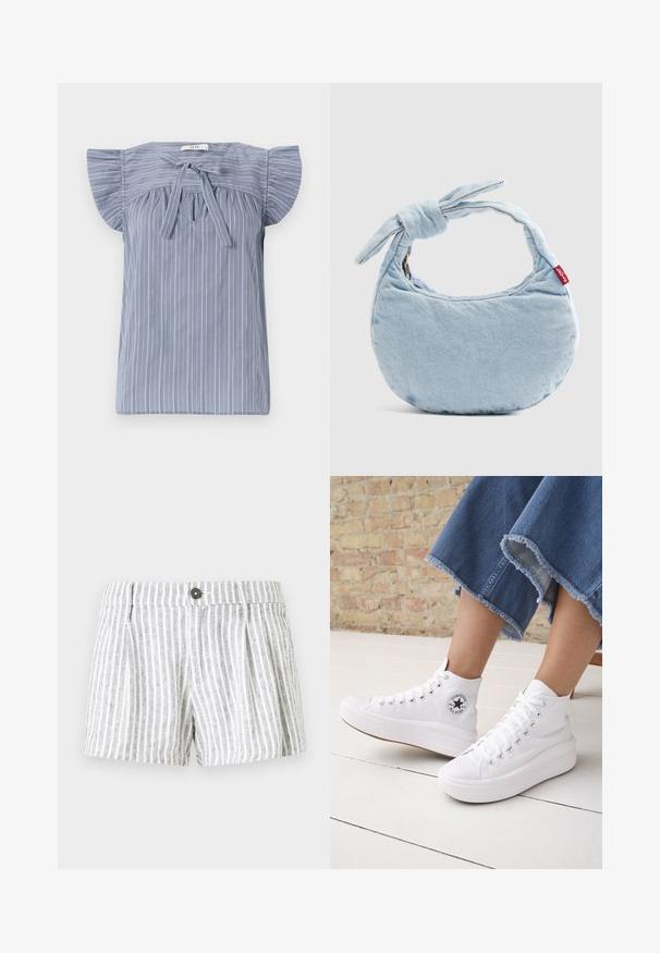 Blusa a rayas azul claro con mangas de capucha, diseñada con un lazo en el escote, con una tela texturizada y un ajuste relajado.; Pantalones cortos a rayas en gris claro y blanco, con cierre de botón, pliegues en la parte frontal y una tela suave y texturizada.; Persona que lleva zapatillas Converse altas blancas con suelas gruesas y vaqueros azules recortados con dobladillo deshilachado frente a una pared de ladrillos y suelo blanco.; Bolso de hombro de mezclilla azul claro con un detalle de nudo en la asa y una pequeña etiqueta roja de Levi's en el lateral.