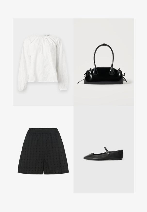 Blusa blanca de manga larga con bordado floral sutil, escote fruncido y puños elásticos en las mangas.; Shorts negros con una tela texturizada que presenta un patrón de cuadrícula y pequeños cortes. Cintura elástica para mayor comodidad y flexibilidad.; Bailarinas de cuero negro con punta afilada, suela plana y una pequeña correa con hebilla alrededor del tobillo para un ajuste seguro.; Pequeño bolso negro brillante con dos asas largas y detalles de cordón lateral sobre un fondo claro liso.