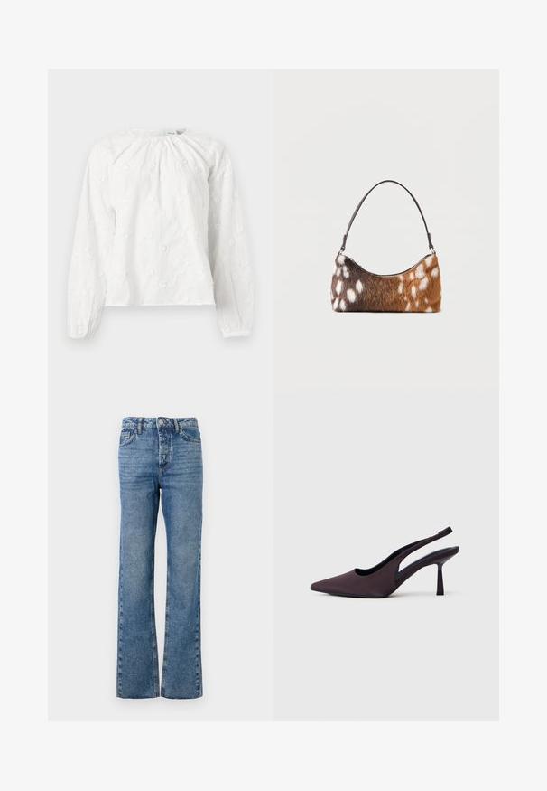 Weiße Bluse mit langen Ärmeln, feiner floraler Stickerei, gerafftem Ausschnitt und elastischen Bündchen an den Ärmeln.; Ausgestellte blaue Jeans aus Denim. Sie verfügen über fünf Taschen, einen Knopf- und Reißverschluss, ein ausgewaschenes Muster an den Beinen und eine gerade Passform.; Slingback-Pumps aus dunkelviolettem Stoff. Spitz zulaufende Zehenkappe, offene Seiten und ein schlanker, quadratischer Absatz. Glatte Textur.; Schultertasche mit braun-weiß geflecktem Kunstpelz und einem dünnen schwarzen Riemen, dargestellt vor weißem Hintergrund.