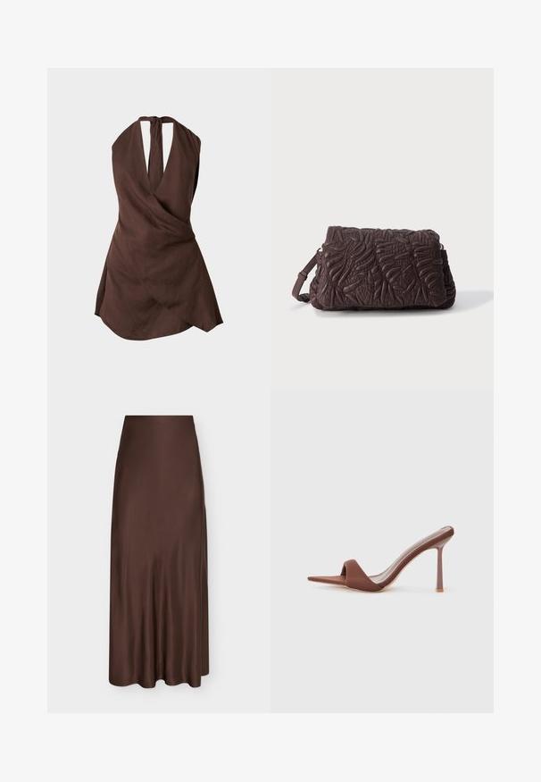 Καφέ αμάνικο φόρεμα με halter neck, εμπρόσθιο σχέδιο τύπου wrap και ασύμμετρο τελείωμα πάνω σε απλό φόντο.; Μακριά καφέ σατέν φούστα με λείο φινίρισμα, ψηλή μέση και ελαφριά διάσταση στο κάτω μέρος, παρουσιάζεται σε απλό ανοιχτό φόντο.; Καφέ σανδάλια με τακούνι και αιχμηρή μύτη, φτιαγμένα από απαλό ύφασμα. Διαθέτουν μινιμαλιστικό σχέδιο με ψηλό στιλέτο τακούνι και ανοιχτή πλάτη.; Σκούρα καφέ δερμάτινο clutch τσαντάκι με ανάγλυφο υφή φύλλου και ρυθμιζόμενο λουρί ώμου σε λευκό φόντο.