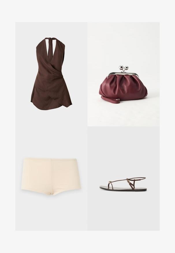 Robe marron sans manches à col halter avec devant style portefeuille et ourlet asymétrique sur fond uni.; Sous-vêtement beige style boyshort sans couture avec une texture lisse, présenté à plat sur un fond gris clair.; Sandale en cuir marron avec des fines lanières, un accent circulaire doré et une semelle plate. Design minimaliste avec un détail de boucle réglable.; Petit sac pochette en cuir bordeaux avec fermoir métallique argenté et bracelet sur fond blanc.