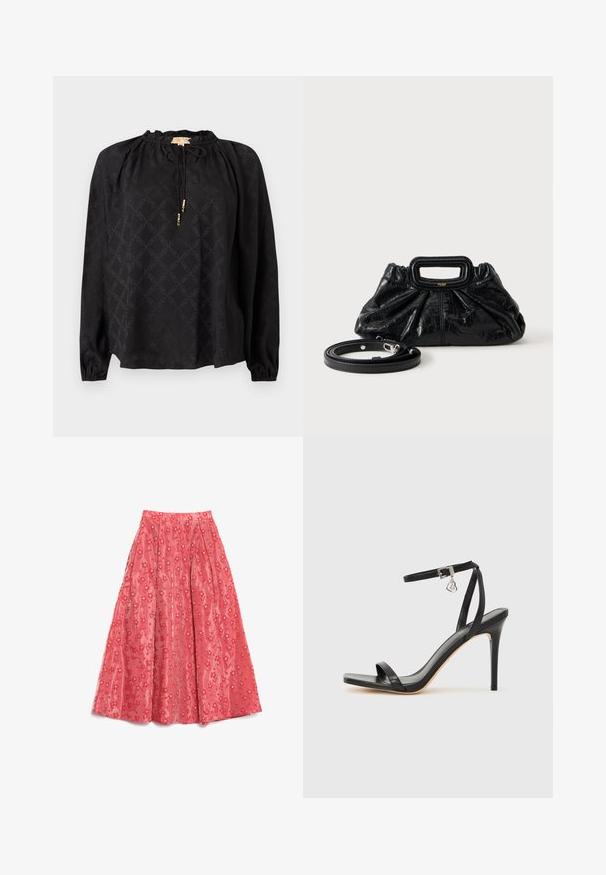 Schwarze Bluse mit langen Ärmeln, ausgestattet mit einem gerafften Ausschnitt, einem Kordelzug und einem dezenten Ton-in-Ton-Muster. Ärmel mit elastischen Bündchen.; Fließender coralfarbener Maxirock aus strukturiertem Stoff, mit floralen Mustern und kleinen weißen Akzenten sowie Falten für mehr Volumen.; Schwarze High-Heel-Sandale mit schmalem Knöchelriemen, quadratischer Zehenbox, glattem Leder und metallischem Schnallenakzent.; Kleine schwarze Lederhandtasche mit geraffter Textur, rechteckigem Griff und abnehmbarem dünnen Schulterriemen, der daneben liegt.