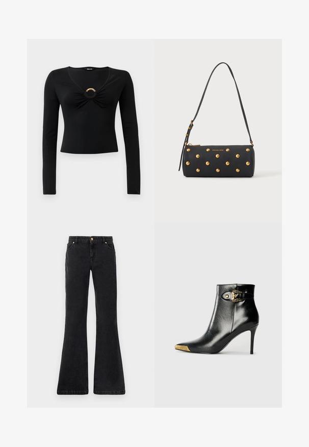 Sort langærmet bluse med V-hals, der har samlet stof ved brystet og en rund metallisk detalje i midten. Blødt, strækbart materiale.; Sorte flared denim jeans med fem lommer, en frontlukning med knap og kontrastsyninger. Stoffet har en glat tekstur.; Sort ankelstøvle lavet af skinnende læder med spids tå, stilet hæl og guldfarvet hardware med en dekorativ spænde-detalje.; Sort cylindrisk håndtaske med guldfarvede nitter og justerbar skulderrem, med "Michael Kors" logo i guld på fronten.