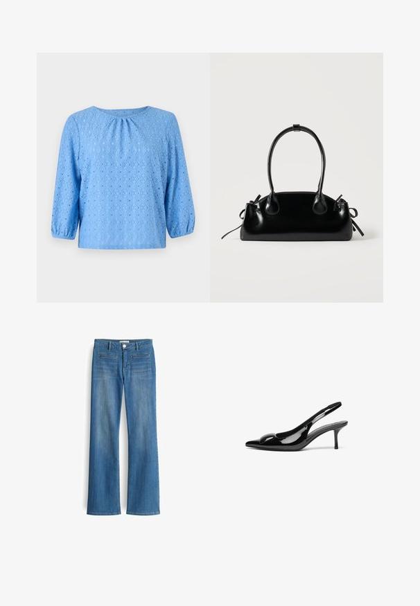 Hellbluse mit Dreiviertelärmeln, strukturiertem Rautenmuster und gerafftem Detail am Ausschnitt. Hergestellt aus atmungsaktivem Stoff.; Blaue Jeans aus Denim mit einem geraden Bein Design, fünf Taschen und einem Knopfverschluss an der Taille. Verwaschene Optik mit subtiler Textur.; Schwarze patentierte Slingback-Absätze mit spitzem Zehenbereich und glänzender Oberfläche. Besitzt einen schlanken Absatz und eine abgerundete Akzentuierung am Schuhoberteil.; Kleine schwarze glänzende Handtasche mit zwei langen Griffen und seitlichen Kordelzug-Details vor einfachem hellem Hintergrund.