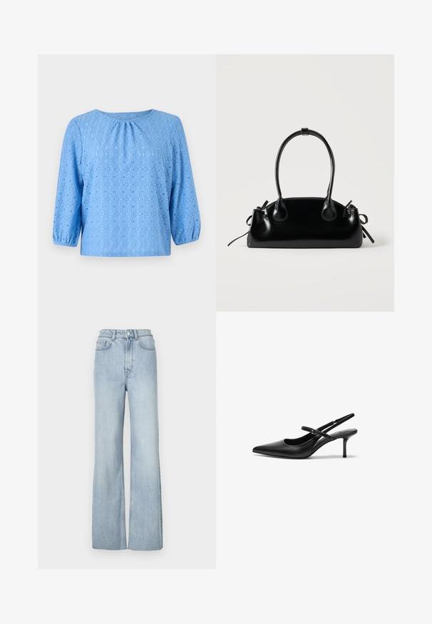 Hellbluse mit Dreiviertelärmeln, strukturiertem Rautenmuster und gerafftem Detail am Ausschnitt. Hergestellt aus atmungsaktivem Stoff.; Hellblaue, ausgestellte Jeans mit hoher Taille, die vordere Taschen und dezente Nähte entlang der Beine aufweist.; Schwarze Leder Slingback-Absätze mit einer spitzen Zehenform, schmalem verstellbarem Riemen und einem etwa 5 cm hohen Stiletto-Absatz, glatte Textur.; Kleine schwarze glänzende Handtasche mit zwei langen Griffen und seitlichen Kordelzug-Details vor einfachem hellem Hintergrund.