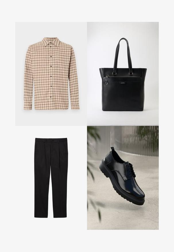 Camisa beige de manga larga con botones y patrón negro a cuadros, con un bolsillo en el pecho, colocada sobre un fondo blanco.; Pantalones formales negros de hombre con bolsillos delanteros, trabillas para cinturón, cierre de botón y diseño de pierna recta.; Zapato de cuero negro con un acabado brillante, puntera redonda, diseño de cordones, costuras de contraste y una suela de goma gruesa con patrones de tracción.; Bolso tote de piel negra texturizada con dos asas, bolsillo delantero con cremallera, anilla de metal y logo de Lacoste sobre fondo blanco.