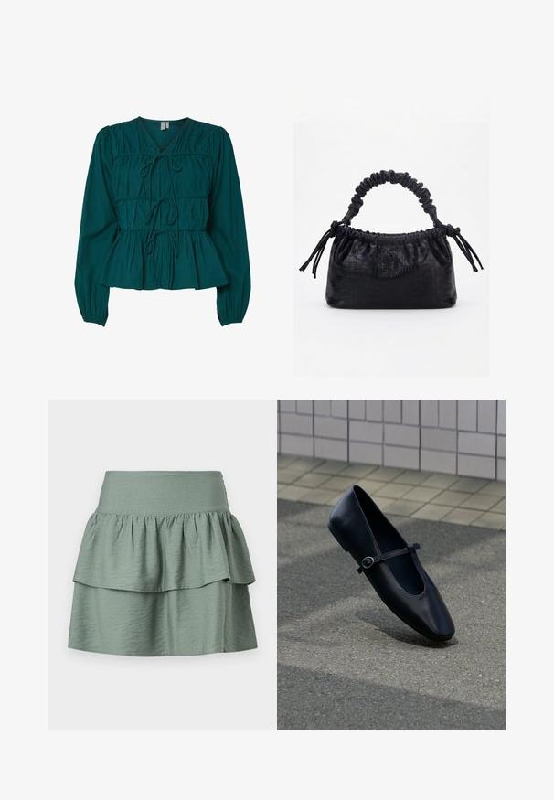 Teal, langærmet bluse med V-hals, der har samlet detaljer og en snøre i taljen. Tekstiler med struktur og peplum-kant.; Blød grøn nederdel med et lagdelt design og en flæsekant, lavet af letvægtsstof, med en elastisk talje for komfort.; Sort læder Mary Jane flad sko med en lille spænde rem, placeret på en grå asfalt overflade nær en flisebelagt væg.; Sort taske med krokodilletekstur, rynket øverste kant, samlet hank og snore med kvaster på hver side mod en hvid baggrund.