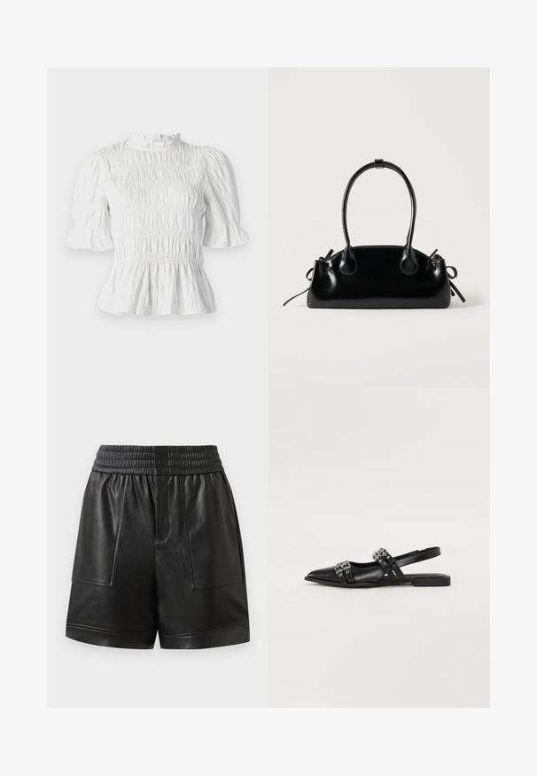 Witte blouse met korte mouwen, voorzien van geplooide textuur, gerimpelde halslijn en uitlopende mouwen. Heeft een peplumzoom en een elastische taille.; Zwarte neplederen shorts met elastische tailleband, voorste drukknoop, grote voorzakken en rechte zoom.; Even&Odd by Zalando Slingback ballerina´s - black; Kleine zwarte glanzende handtas met twee lange hengsels en zijkant trekkoord details op een effen lichte achtergrond.