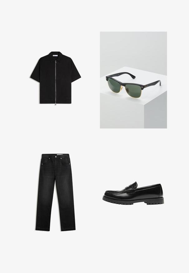 Schwarzes kurzärmeliges Hemd mit Kragen und durchgehendem silbernem Reißverschluss auf der Vorderseite, flach auf weißem Hintergrund liegend dargestellt.; Schwarze Denim-Jeans mit geradem Bein, fünf Tasche-Design, kontrastierenden Beschlägen und rohem Saumdetail am unteren Ende.; Schwarzer Leder-Slipper mit dicker Gummisohle und klassischem Penny-Detail an der Riemen, von der Außenseite gezeigt.; Ray-Ban Sonnenbrillen mit grünen Gläsern, schwarzen Kunststoffrahmen und goldenen Akzenten an den Rändern. Quadratische Form mit matter Oberfläche.