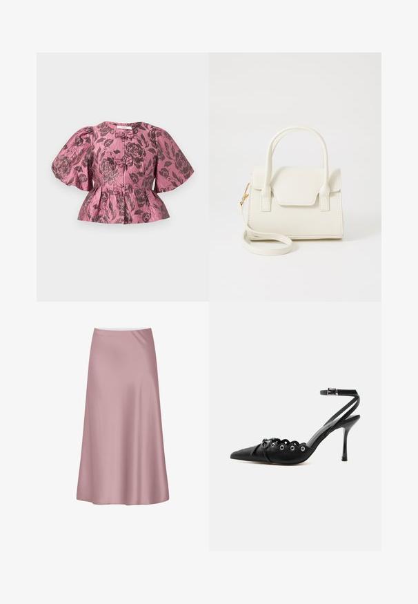 Peplum-Oberteil aus pinkem Stoff mit dunklem Floral-Muster. Mit Puffärmeln, Knöpfen vorne und einer strukturierten Oberfläche.; Sanfter rosa Satin-Midirock mit A-Linien-Silhouette und glattem, fließendem Stoff.; Schwarzer, spitzer High-Heel-Schuh mit geschwungenen Kanten, Metallösen, Schnürung vorne und Knöchelriemen mit Schnallverschluss.; Kleine weiße Handtasche mit doppelten Griffen, Frontklappe und abnehmbarem Schulterriemen mit goldener Schnalle vor weißem Hintergrund.