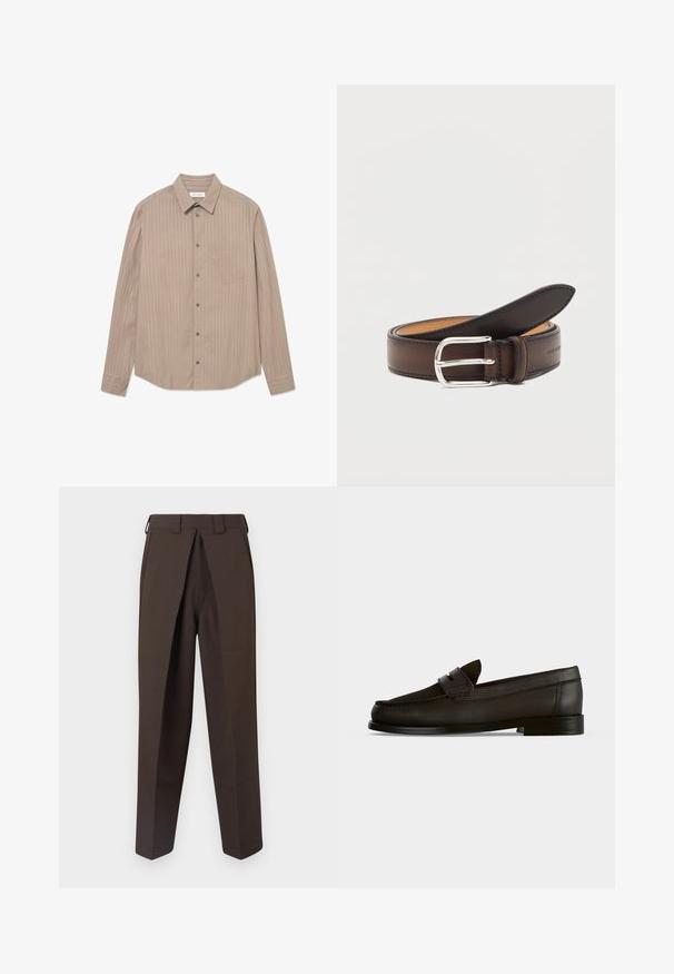 Beige langærmet skjorte med knap-ned krave. Har en vertikal ribbet tekstur og en brystlomme. Grå knapper forbedrer designet.; BLUEMARBLE WORK PANT - Bukser - brown; Sort læder penny loafer med lav hæl, rundet tå og stropdetalje over fronten, set fra siden på ensfarvet baggrund.; Mørkebrun læderbælte rullet sammen med sølv rektangulært spænde på hvid baggrund.