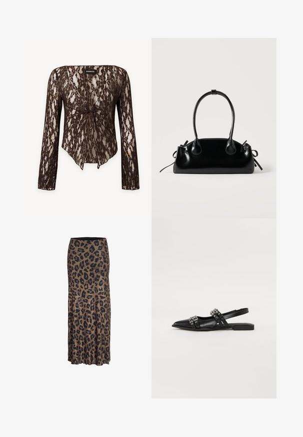 Brun blond blonden bluse med blomsterprint, knude foran og bølget kant fra mærket Even&Odd.; Leopardprint nederdel i brune og sorte nuancer, med et flydende design og en subtil flæsekant, fremstillet af et let og blødt stof.; Even&Odd Slingback-ballerinasko - black; Lille sort blank håndtaske med to lange håndtag og snøre-detaljer i siden på en ensfarvet lys baggrund.