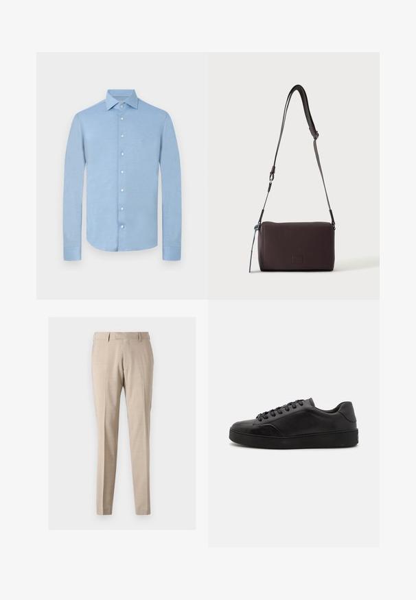 Lyseblå langærmet skjorte med knapper, klassisk krave og hvide knapper, vist på en ensfarvet lys baggrund.; Beige tapered bukser lavet af letvægtsstof, med forreste folder, to sidelommer og en glat tekstur.; Sorte lædersneakers med rund tå, flad sål og traditionel snøring. Har en glat tekstur og diskrete detaljer på siden.; Mørkebrun textured læder crossbody taske med justerbar rem og lille dekorativ blå accent på siden.